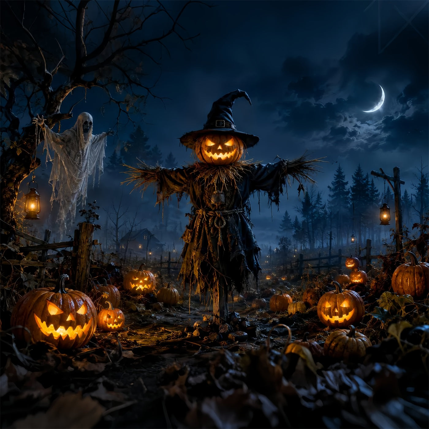 Pumpkin Patch Backdrops Scarecrow Ghost Field Halloween Themed Backdrop UK LXX67-261