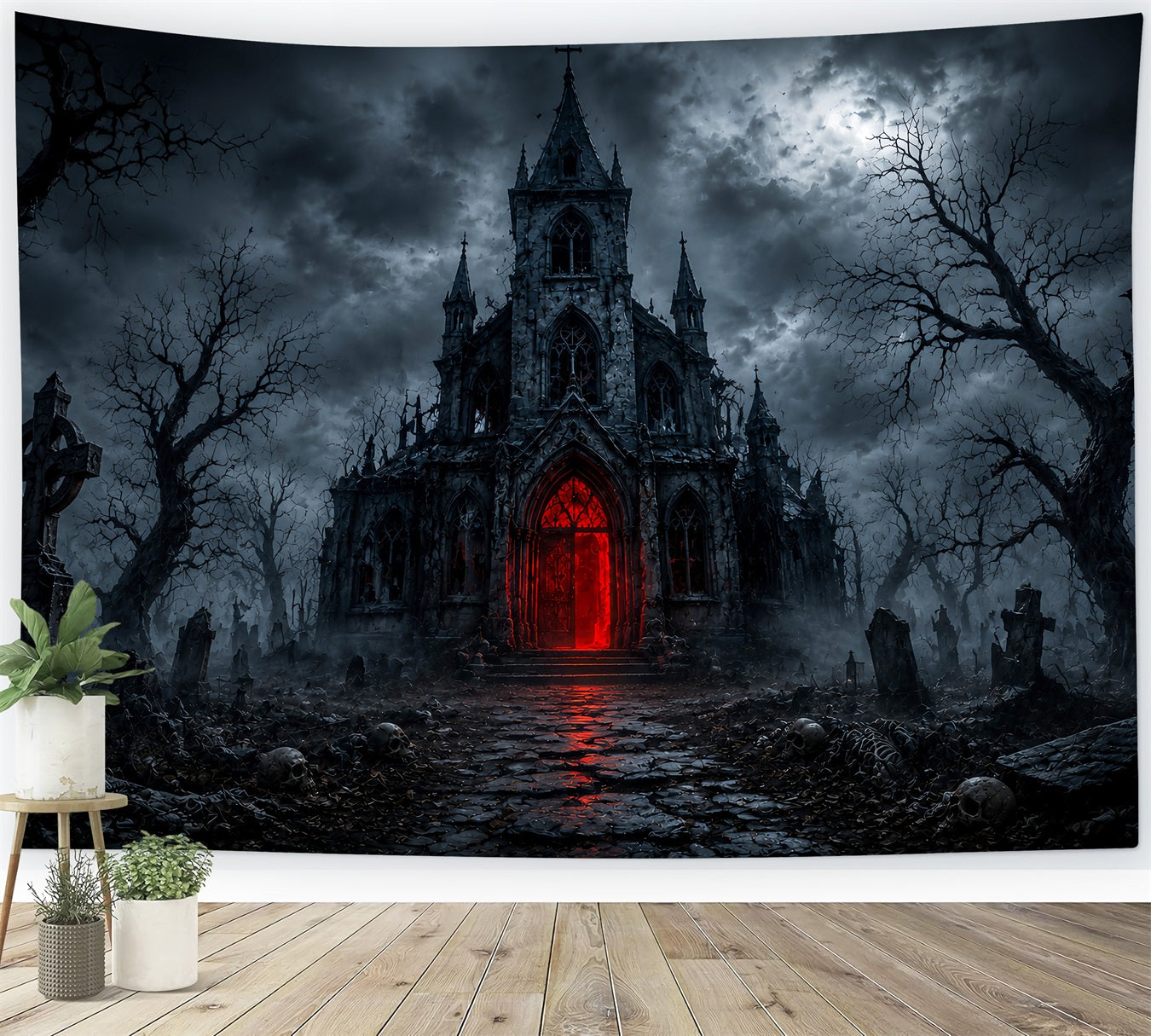 Halloween House Backdrop Gothic Church Red Portal Halloween Cemetery Backdrop UK LXX67-28