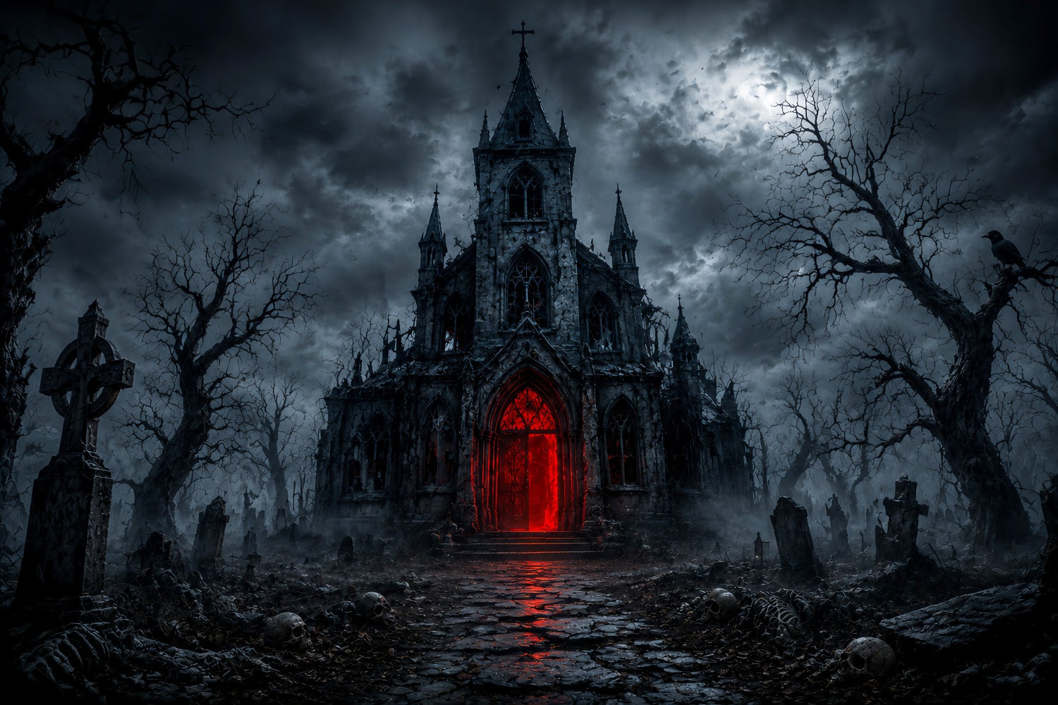 Halloween House Backdrop Gothic Church Red Portal Halloween Cemetery Backdrop UK LXX67-28