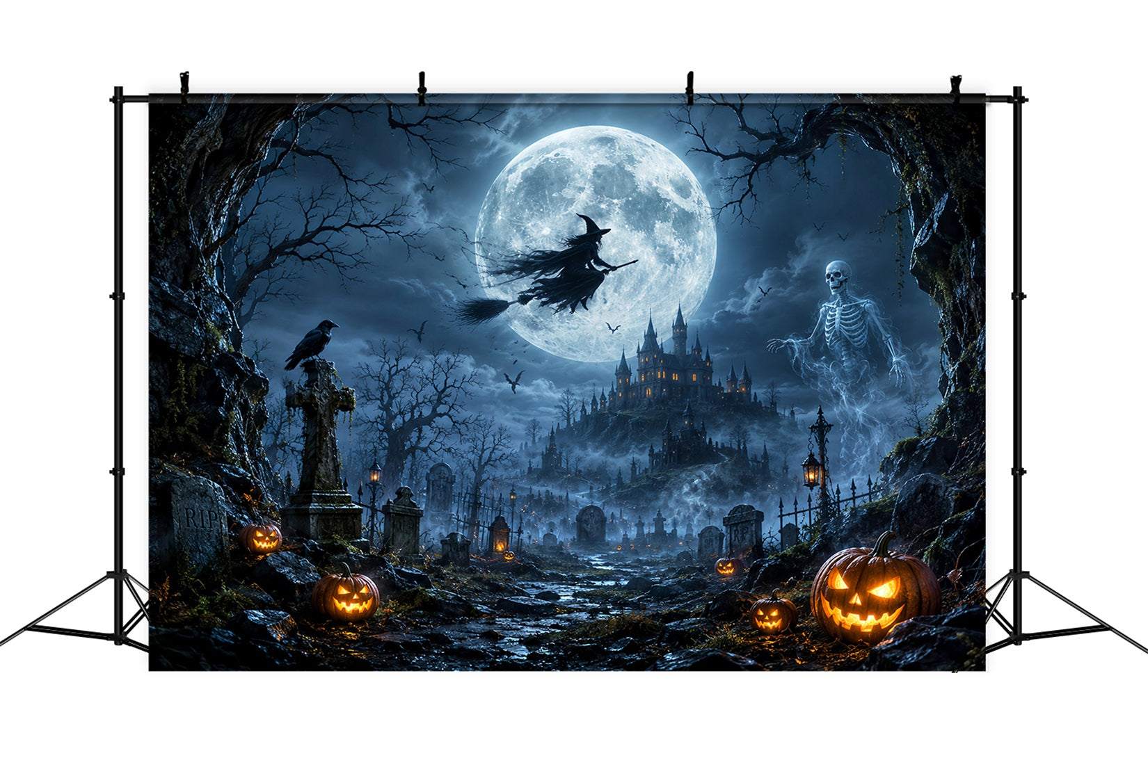 Scary Halloween Backdrop Ideas Moonlit Witch Skeleton Graveyard Halloween Photoshoot Backdrop UK LXX67-29