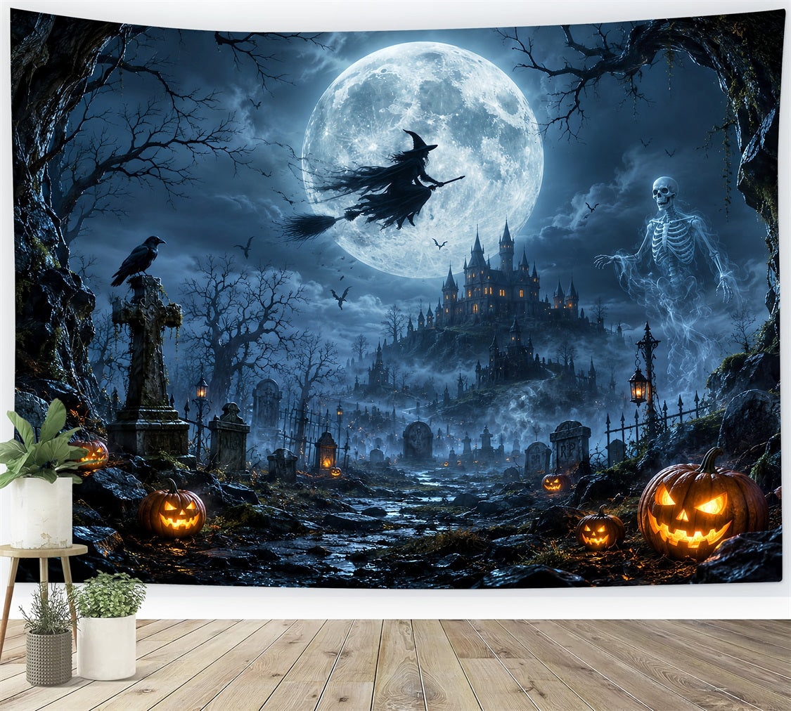 Scary Halloween Backdrop Ideas Moonlit Witch Skeleton Graveyard Halloween Photoshoot Backdrop UK LXX67-29