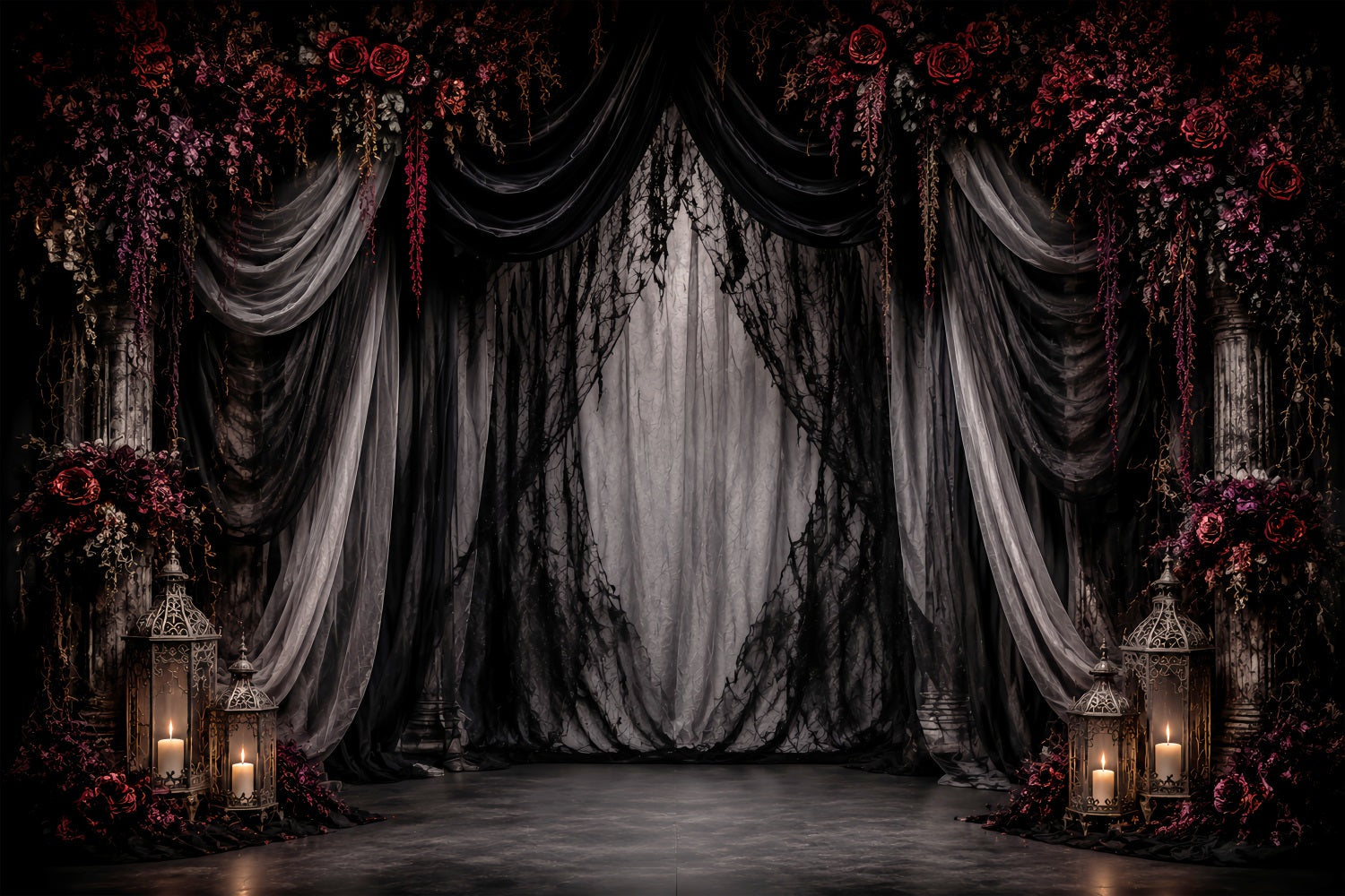 Halloween Wedding Backdrop Gothic Drapery Crimson Roses Halloween Photo Backdrop UK LXX67-3