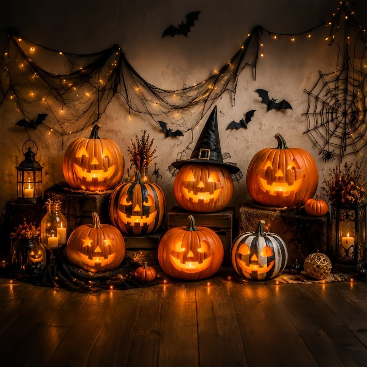 Fabric Halloween Backdrop Glowing Pumpkin Lantern Display Halloween Backdrop For Pictures UK LXX67-30