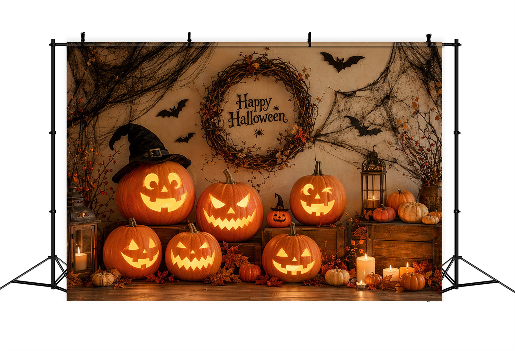 Fabric Halloween Backdrop Rustic Pumpkin Wreath Arrangement Halloween Backdrop For Pictures UK LXX67-31