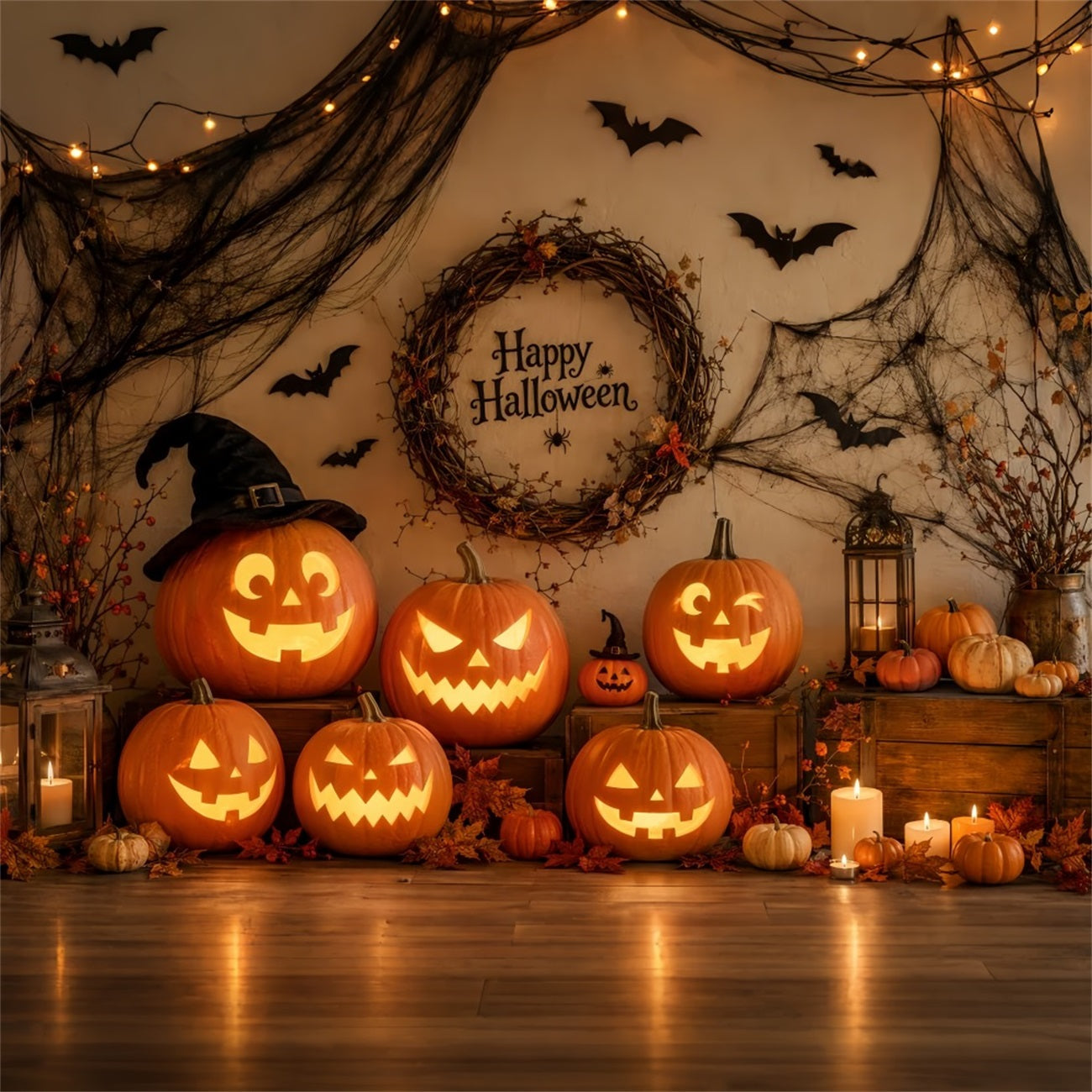 Fabric Halloween Backdrop Rustic Pumpkin Wreath Arrangement Halloween Backdrop For Pictures UK LXX67-31