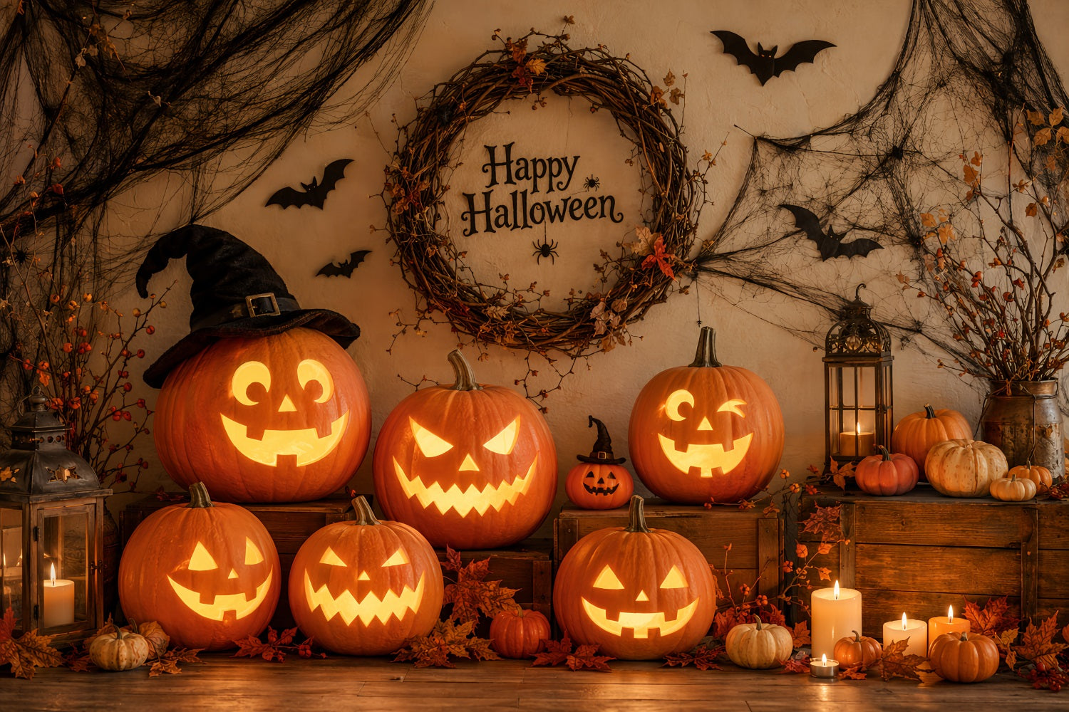Fabric Halloween Backdrop Rustic Pumpkin Wreath Arrangement Halloween Backdrop For Pictures UK LXX67-31