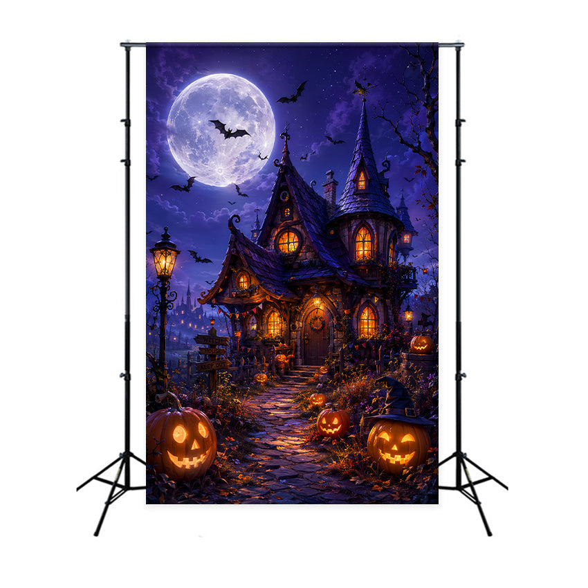 DIY Halloween Backdrop Ideas Moonlit Witch Cottage Pumpkins Scary Backdrops For Halloween UK LXX67-33
