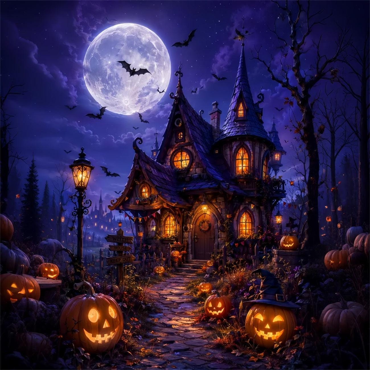 DIY Halloween Backdrop Ideas Moonlit Witch Cottage Pumpkins Scary Backdrops For Halloween UK LXX67-33