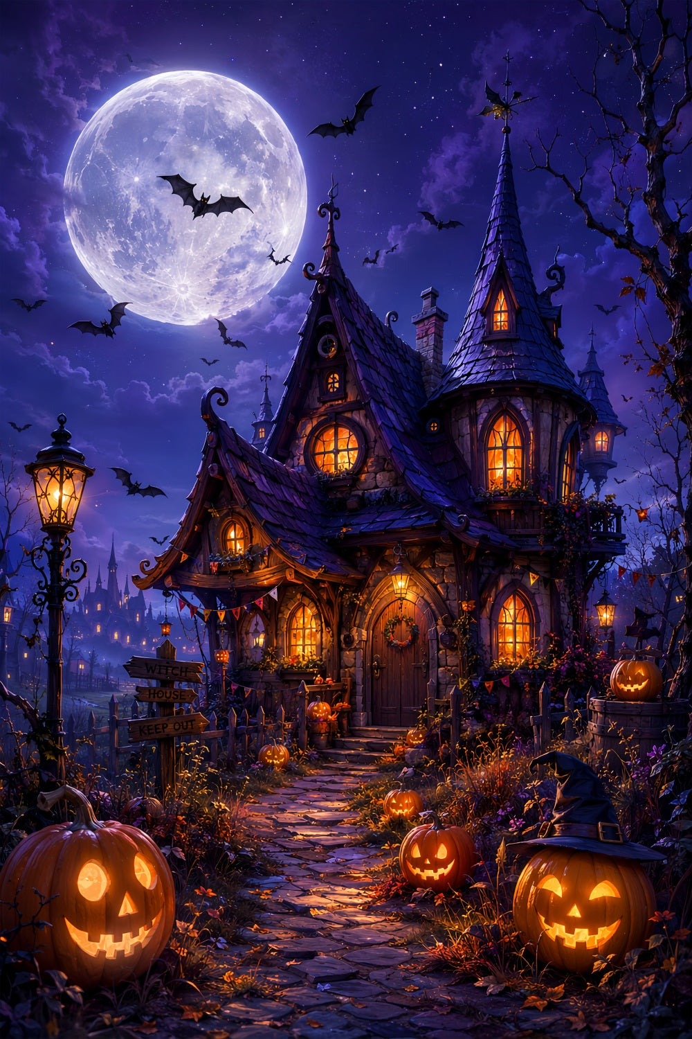 DIY Halloween Backdrop Ideas Moonlit Witch Cottage Pumpkins Scary Backdrops For Halloween UK LXX67-33