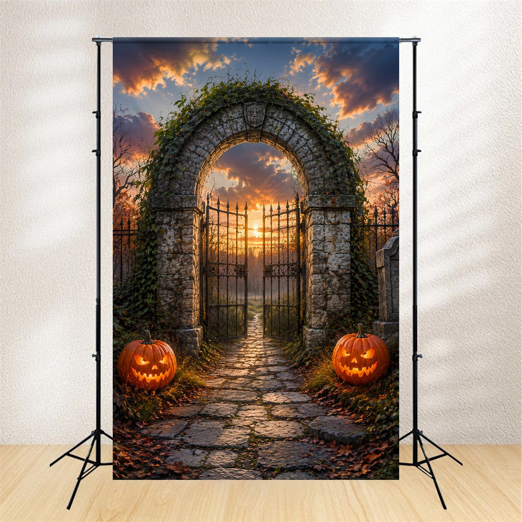 Halloween Arch Backdrop Sunset Cemetery Arch Pumpkins Large Halloween Backdrops UK LXX67-35