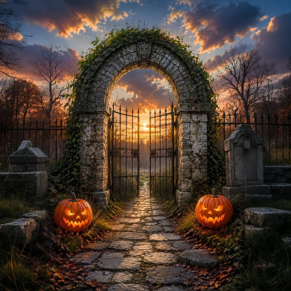 Halloween Arch Backdrop Sunset Cemetery Arch Pumpkins Large Halloween Backdrops UK LXX67-35