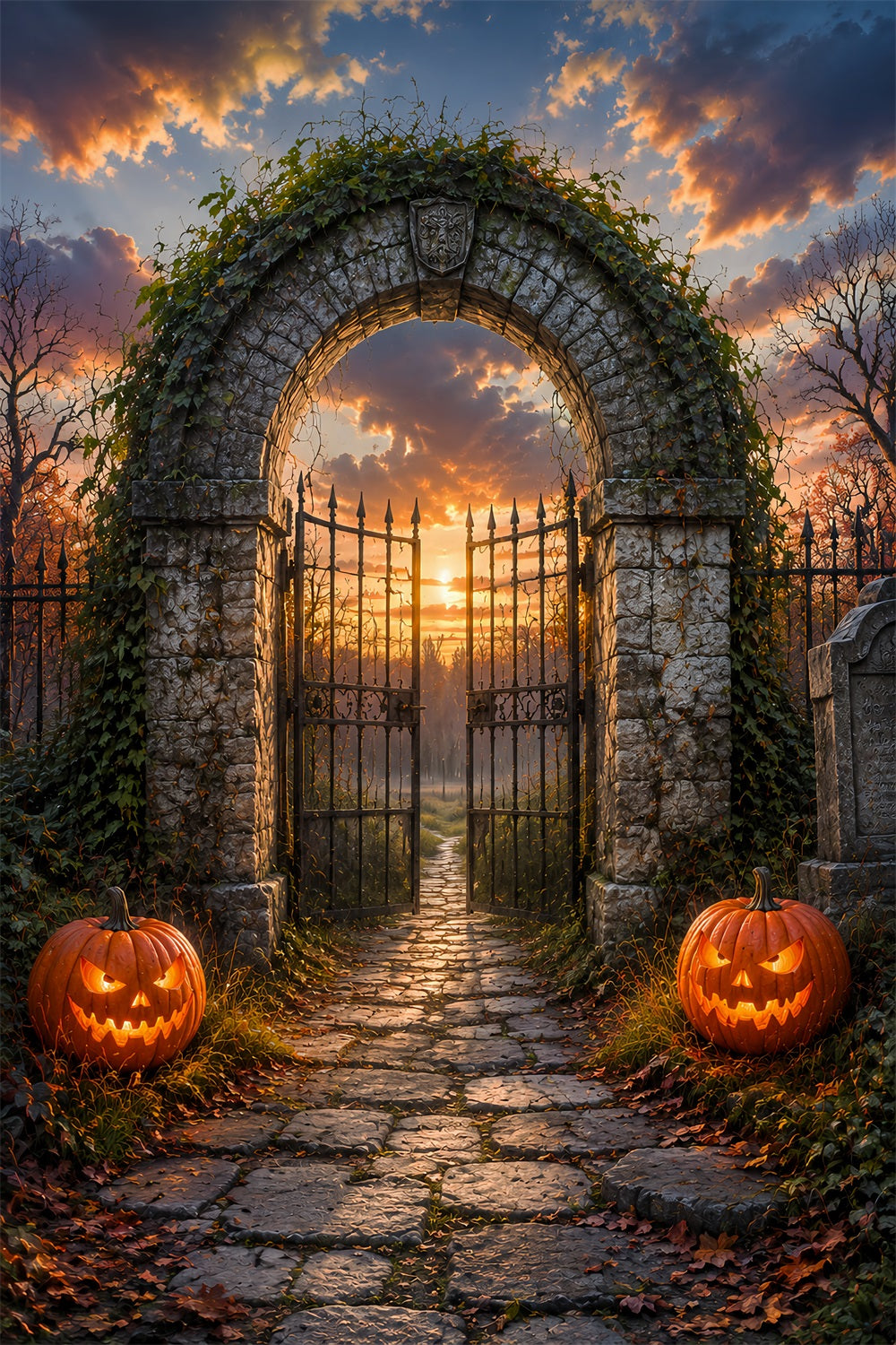 Halloween Arch Backdrop Sunset Cemetery Arch Pumpkins Large Halloween Backdrops UK LXX67-35