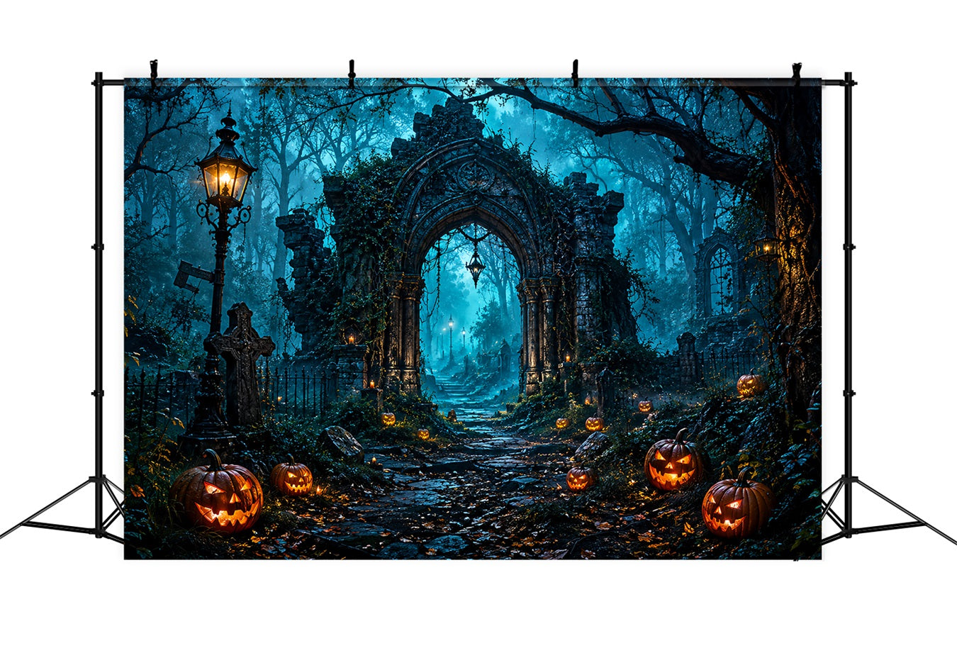 Halloween Arch Backdrop Haunted Forest Ruins Pumpkins Large Halloween Backdrops UK LXX67-36