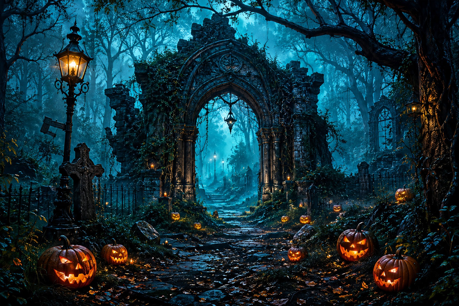 Halloween Arch Backdrop Haunted Forest Ruins Pumpkins Large Halloween Backdrops UK LXX67-36
