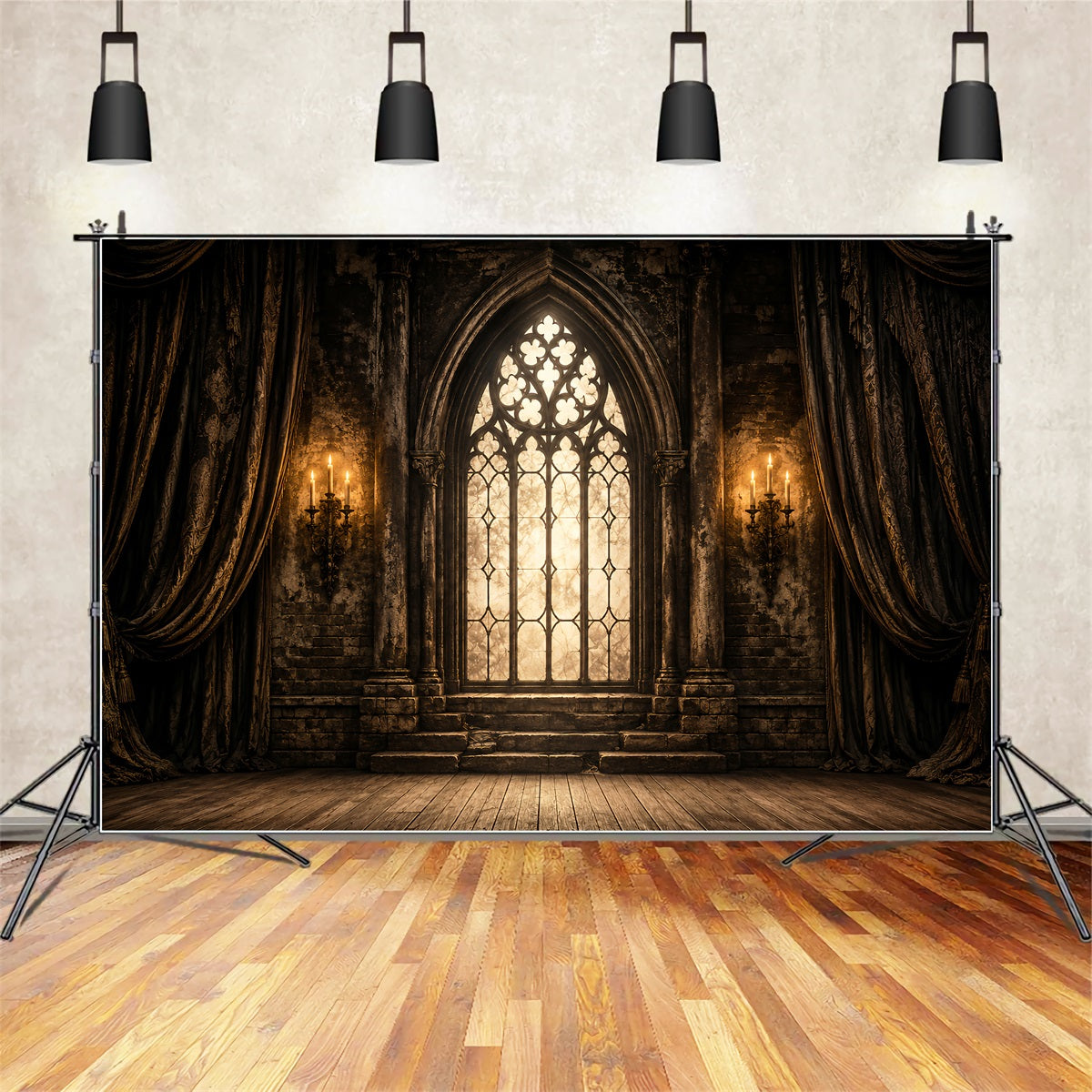 Halloween Stage Backdrop Gothic Cathedral Window Candles Halloween Photography Backdrops UK LXX67-38