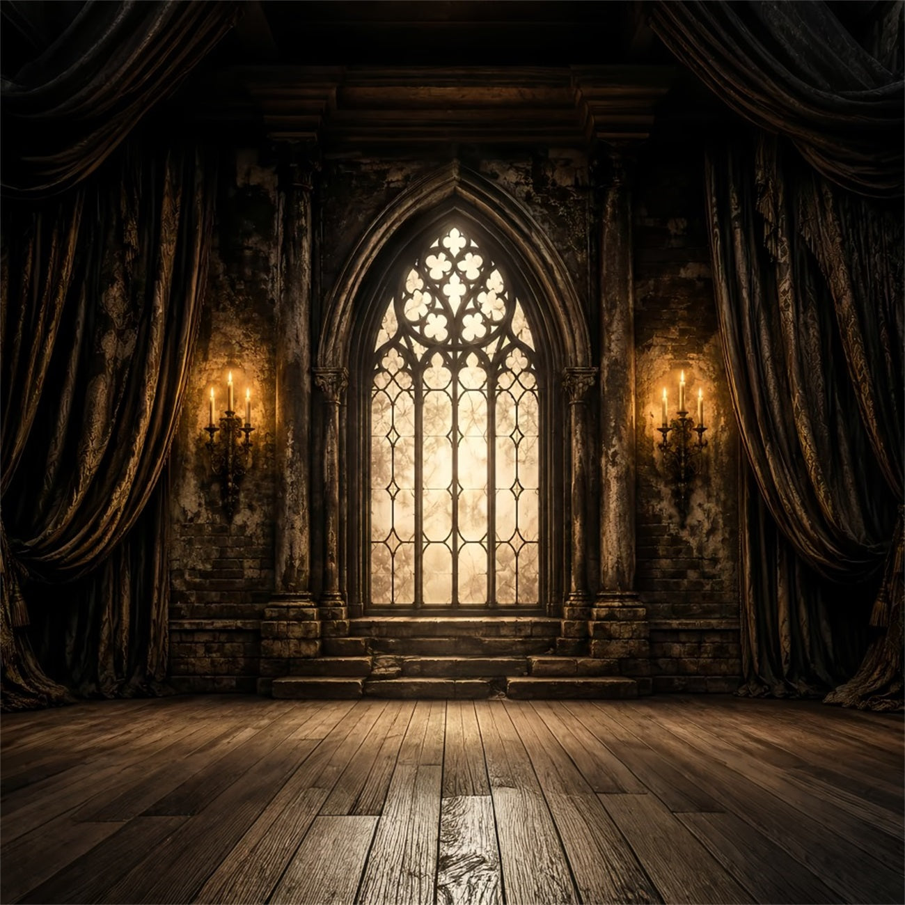 Halloween Stage Backdrop Gothic Cathedral Window Candles Halloween Photography Backdrops UK LXX67-38