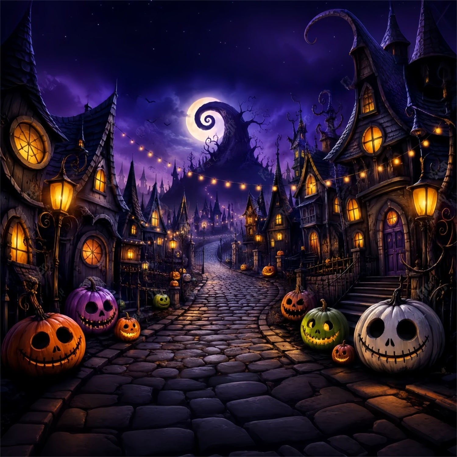 Photography Backdrops Halloween Purple Pumpkin Village Street Halloween Town Backdrop UK LXX67-40