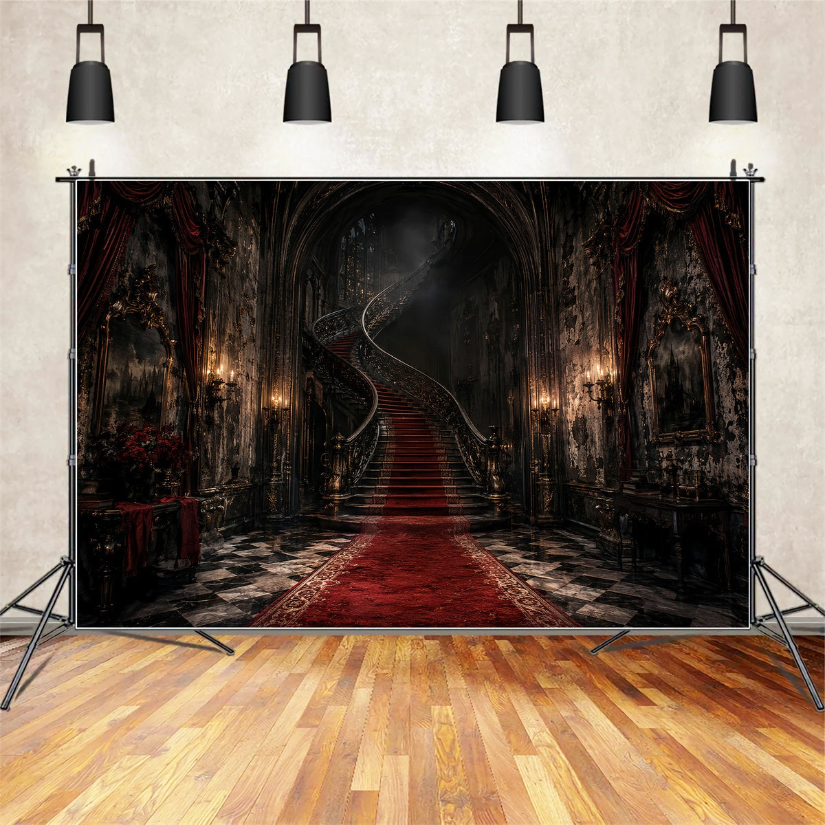 Halloween Party Backdrop Ideas Gothic Mansion Spiral Staircase Halloween Scary Backdrops UK LXX67-41