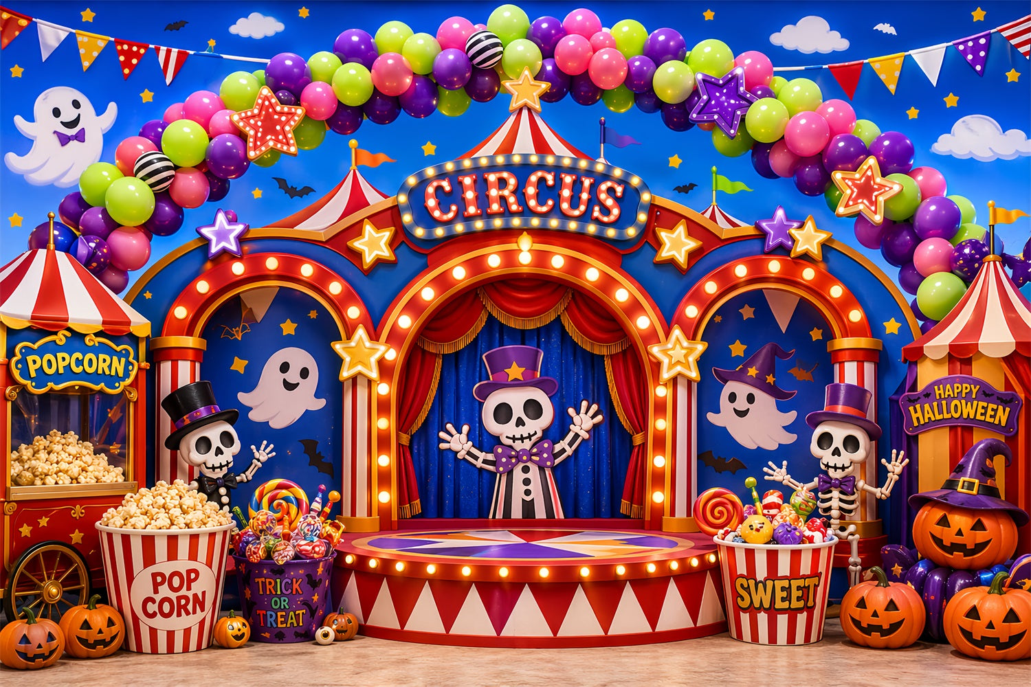 Halloween Carnival Backdrop Skeleton Circus Candy Stage DIY Halloween Backdrop UK LXX67-44