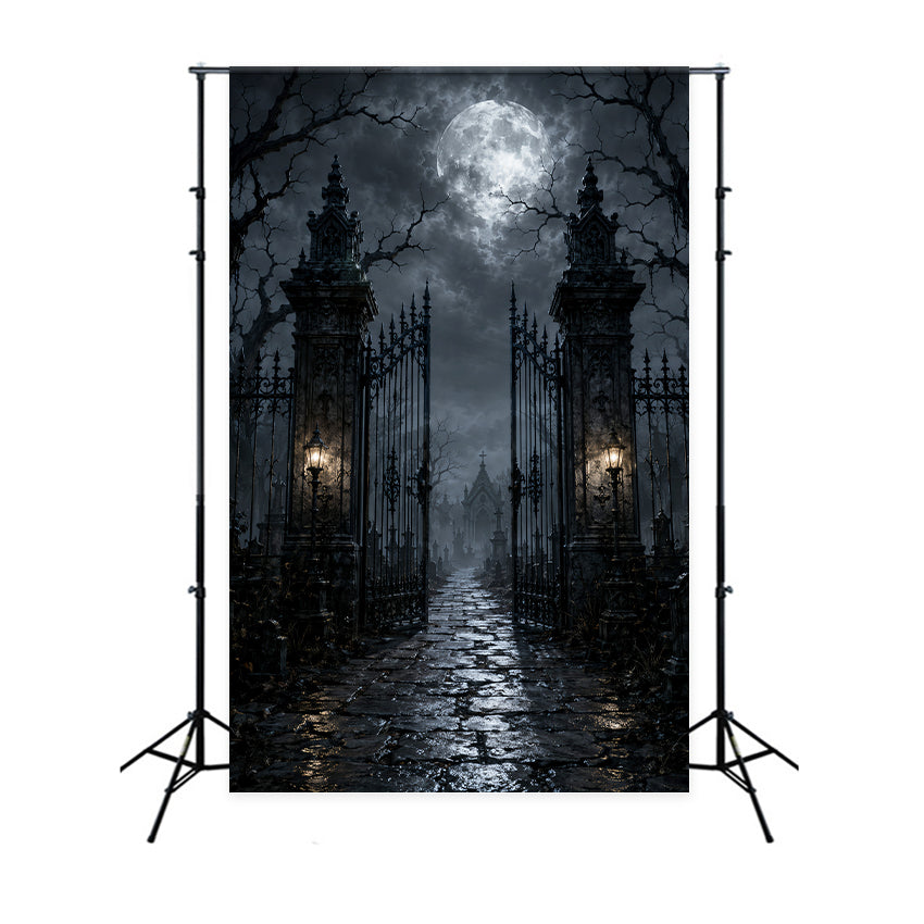 Halloween Cloth Backdrop Moonlit Cemetery Iron Gate Graveyard Halloween Backdrops UK LXX67-47