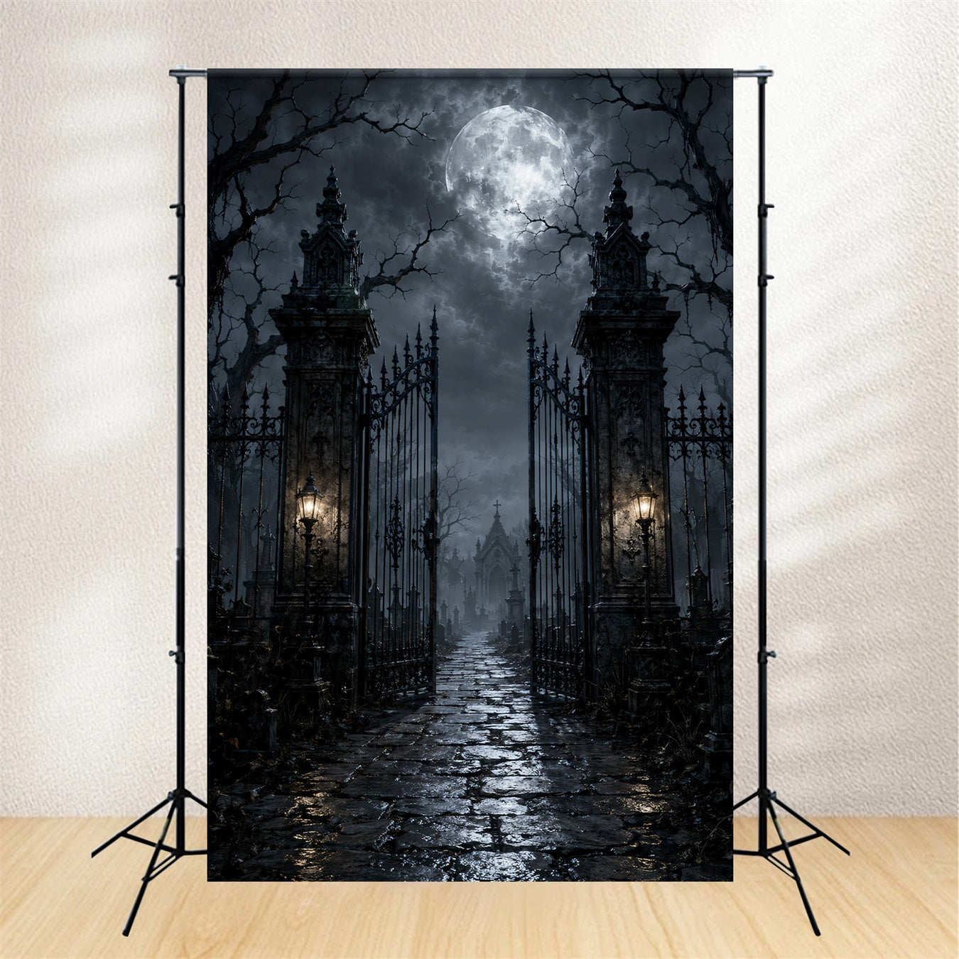 Halloween Cloth Backdrop Moonlit Cemetery Iron Gate Graveyard Halloween Backdrops UK LXX67-47