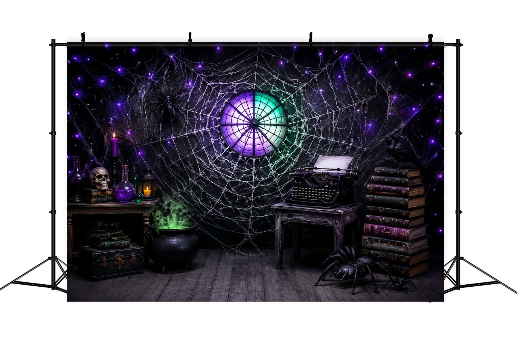 Halloween Backdrop Ideas DIY Cobweb Typewriter Spellbook Study Purple Halloween Backdrop UK LXX67-48