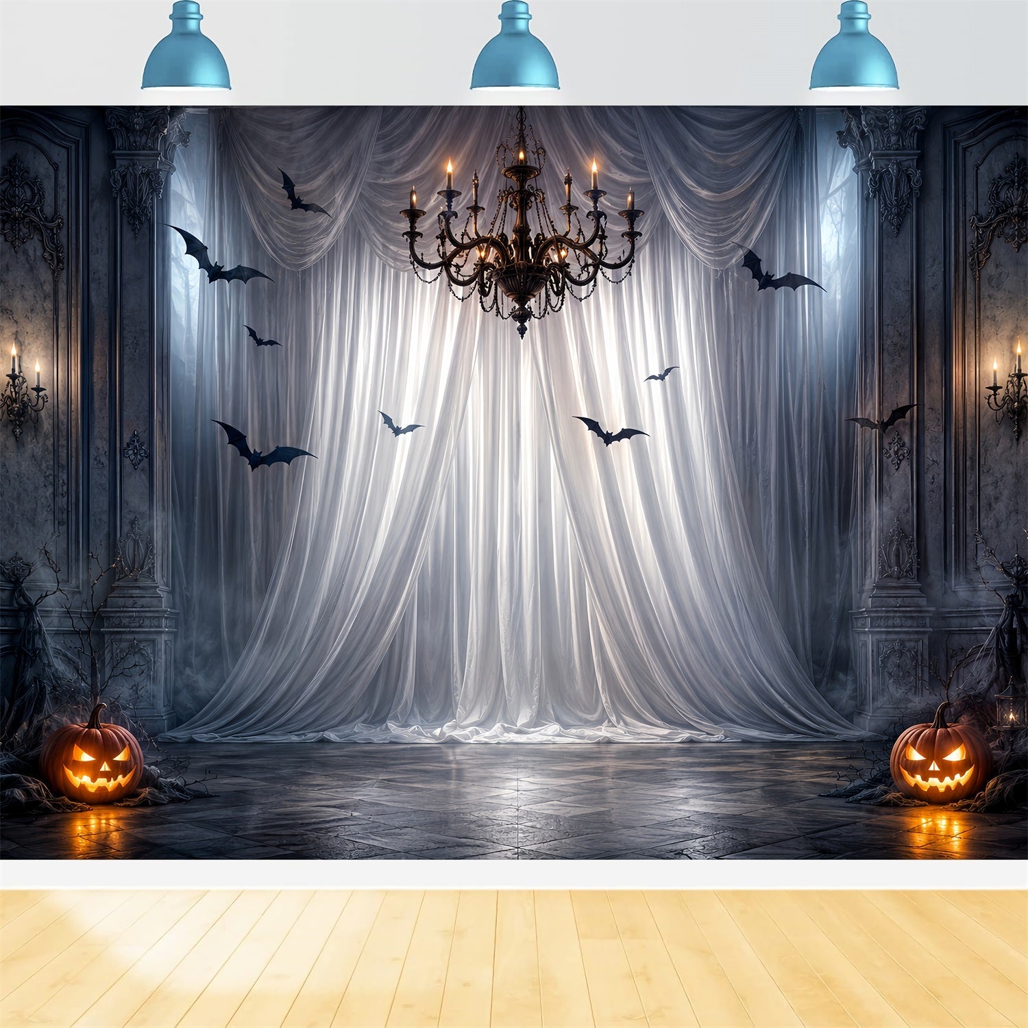 Halloween Party Photo Backdrop Ideas Gothic Drapery Chandelier Bats Creepy Halloween Backdrop UK LXX67-50