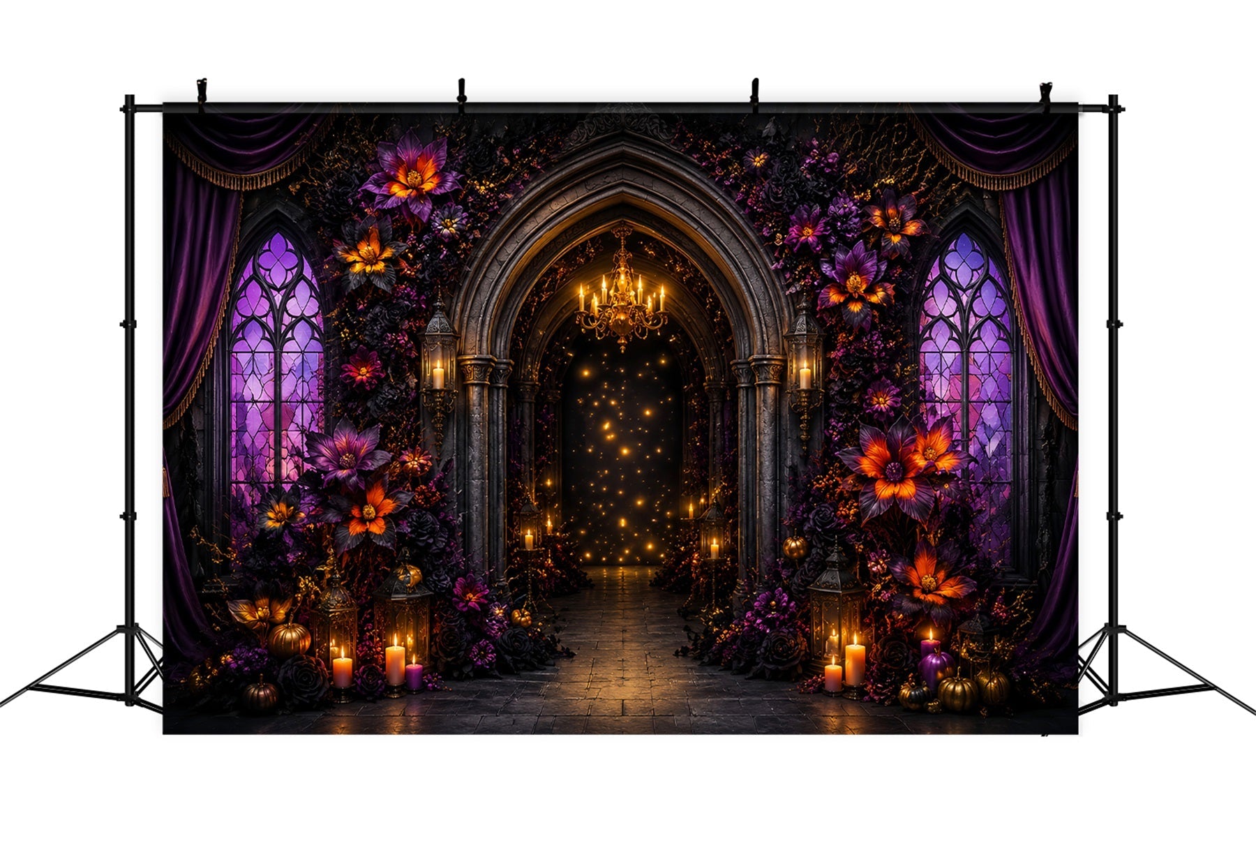 Halloween Scene Backdrop Purple Floral Gothic Arch Backdrop For Halloween UK LXX67-51