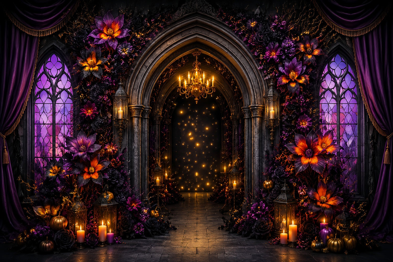 Halloween Scene Backdrop Purple Floral Gothic Arch Backdrop For Halloween UK LXX67-51