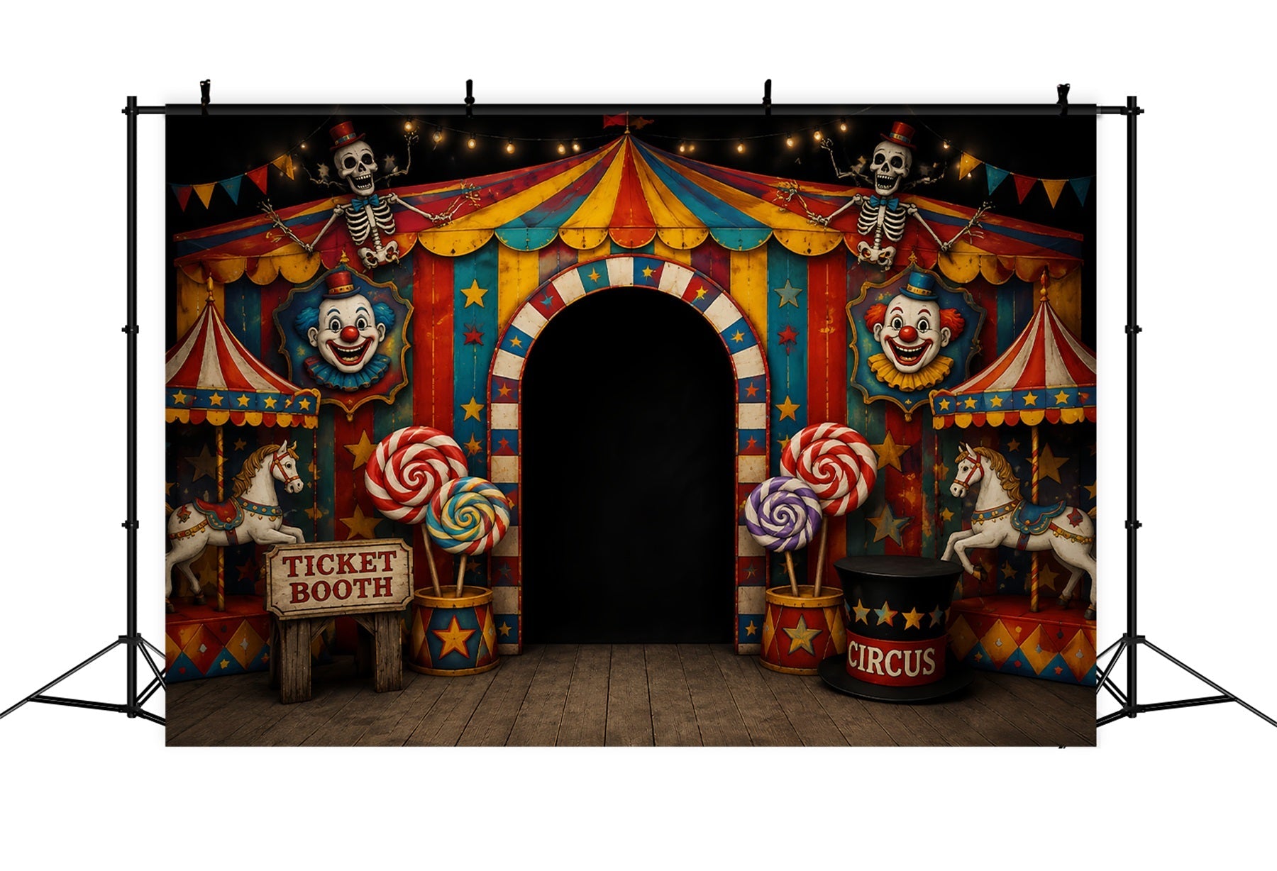 Scary Halloween Photo Backdrops Skeleton Clown Circus Entrance Happy Halloween Backdrop UK LXX67-52