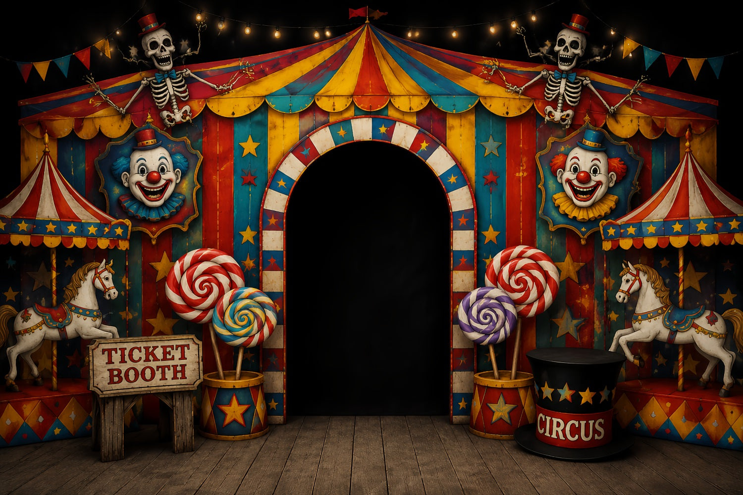 Scary Halloween Photo Backdrops Skeleton Clown Circus Entrance Happy Halloween Backdrop UK LXX67-52