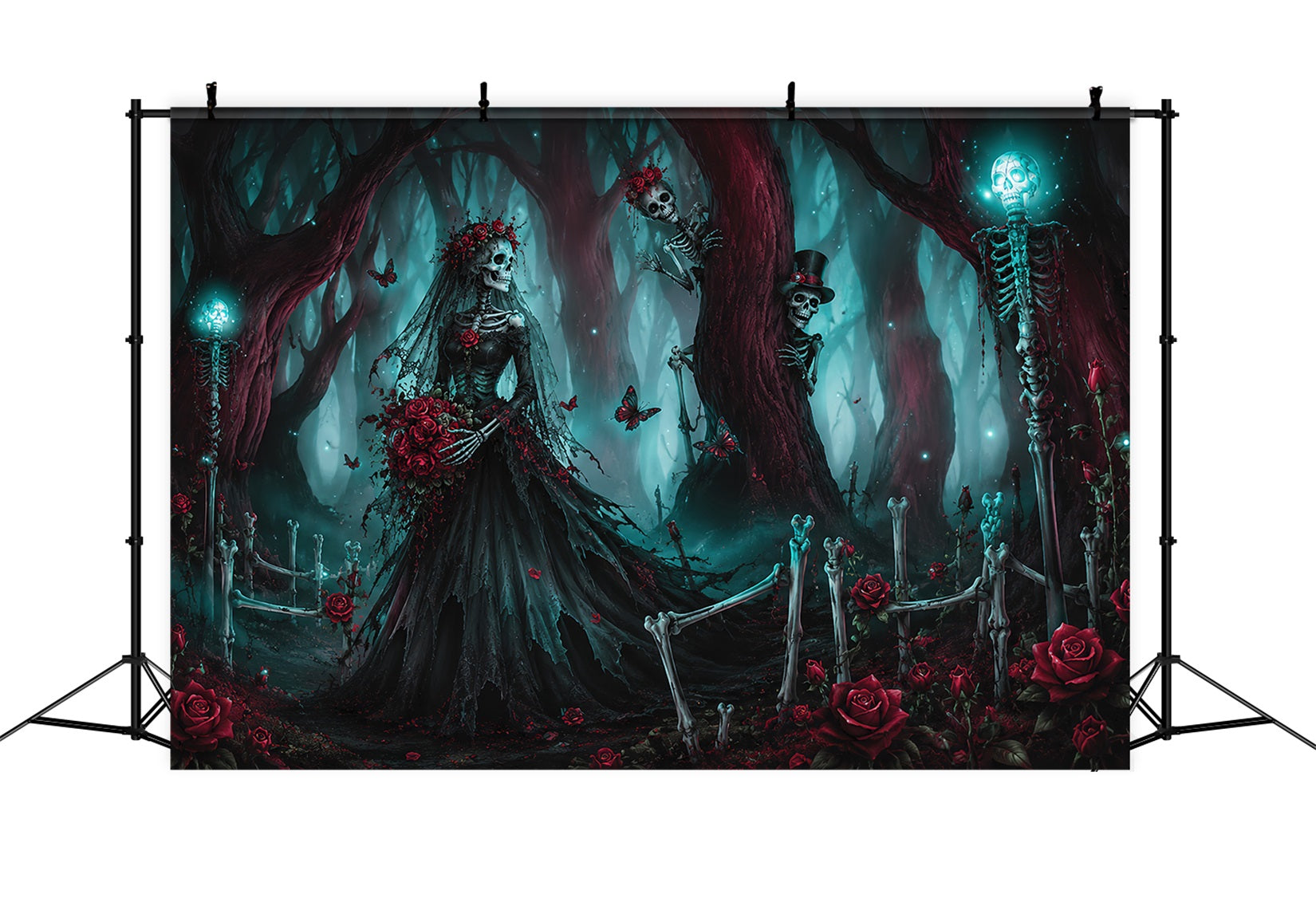 Halloween Wedding Backdrop Skeleton Bride Forest Roses Halloween Photo Backdrop UK LXX67-59