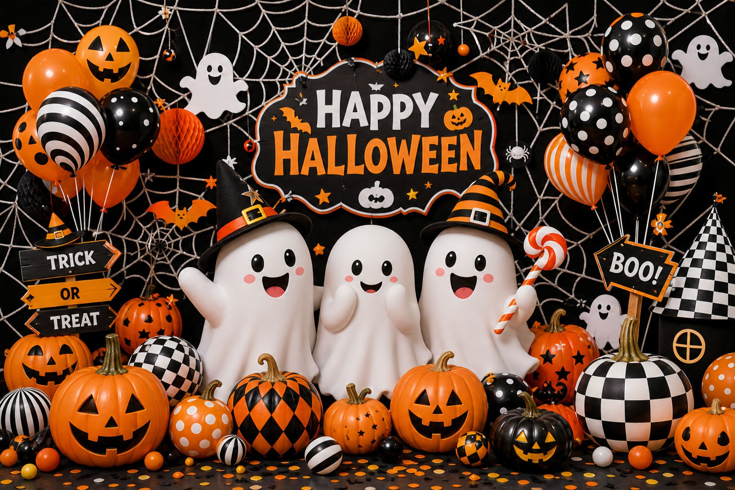 Cute Halloween Backdrops Ghosts Pumpkins Balloons Spiderwebs Halloween Backdrops Scene Setters UK LXX67-6