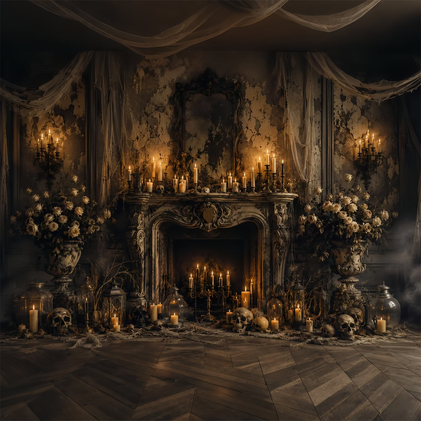 Fabric Halloween Backdrop Gothic Candle Skull Fireplace Halloween Backdrop For Pictures UK LXX67-61