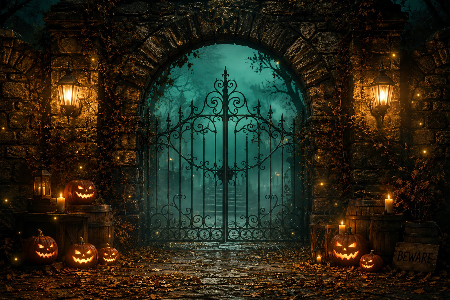 Halloween Party Backdrops Lantern Stone Pumpkin Gate Halloween Photo Booth Backdrop UK LXX67-64