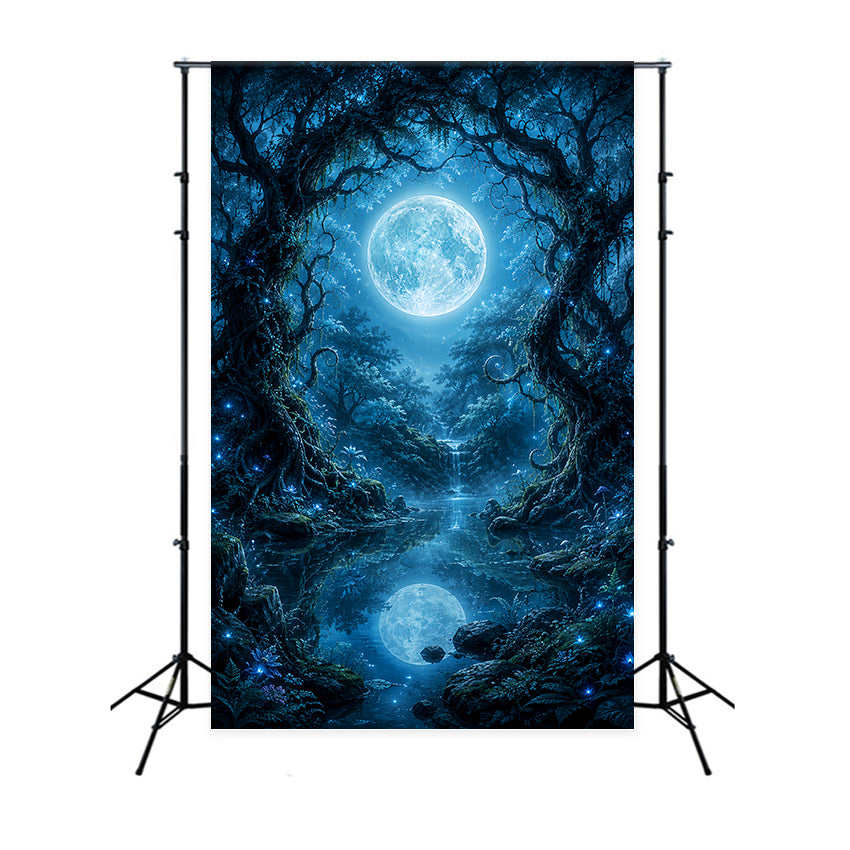 Halloween Moon Backdrop Moonlit Enchanted Forest Lake Halloween Photo Backdrops UK LXX67-65
