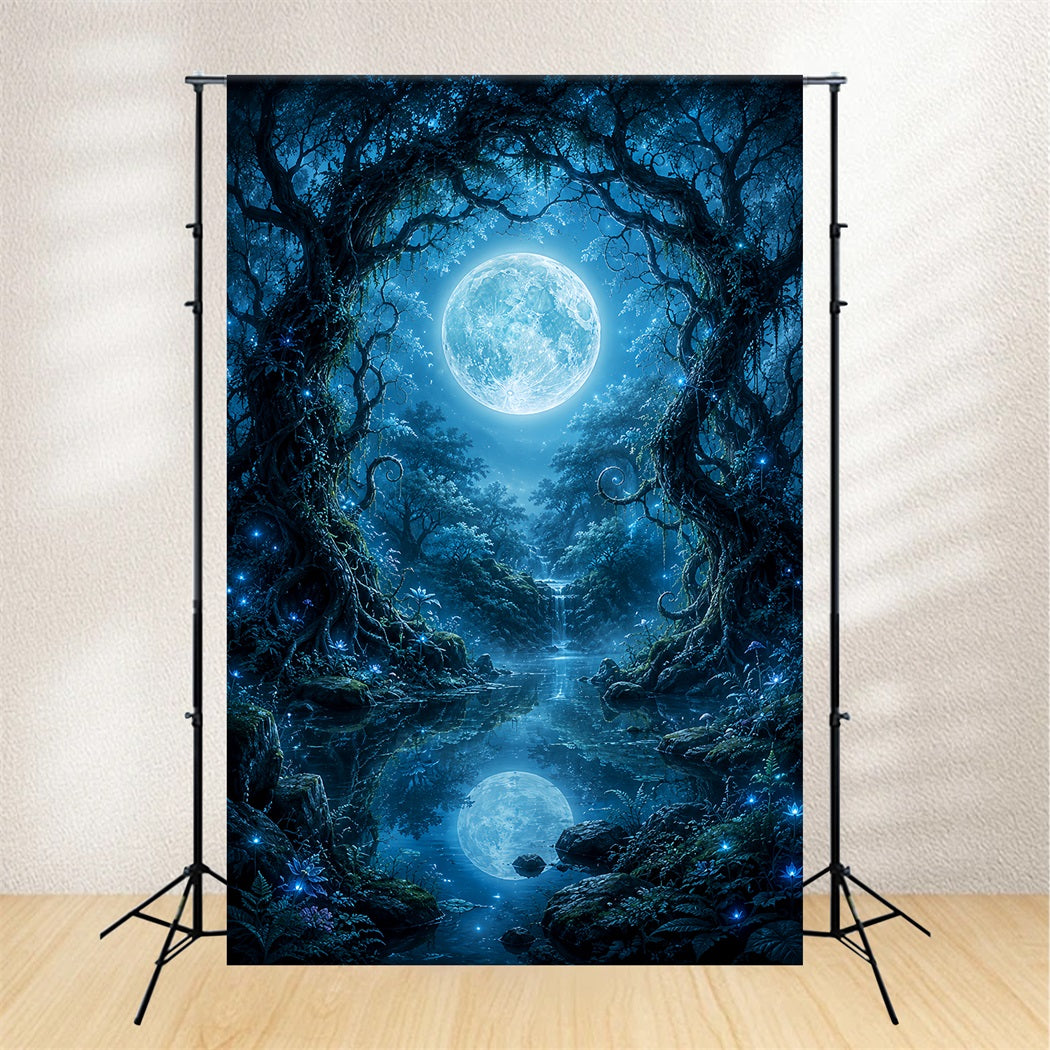 Halloween Moon Backdrop Moonlit Enchanted Forest Lake Halloween Photo Backdrops UK LXX67-65