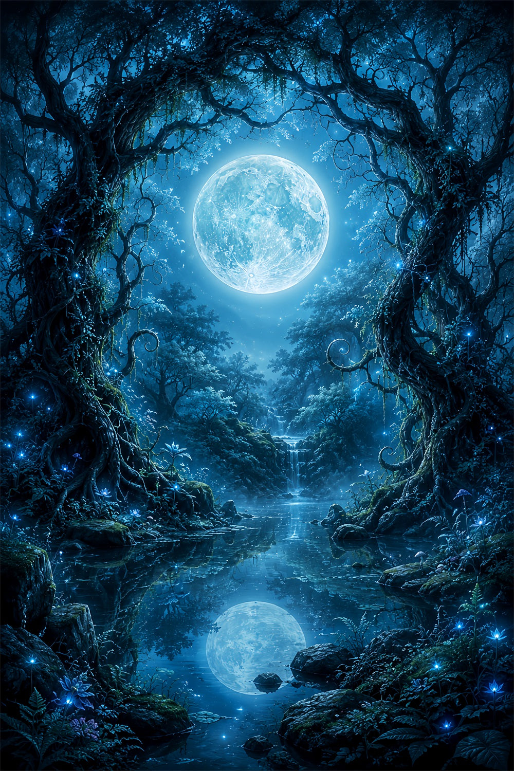 Halloween Moon Backdrop Moonlit Enchanted Forest Lake Halloween Photo Backdrops UK LXX67-65