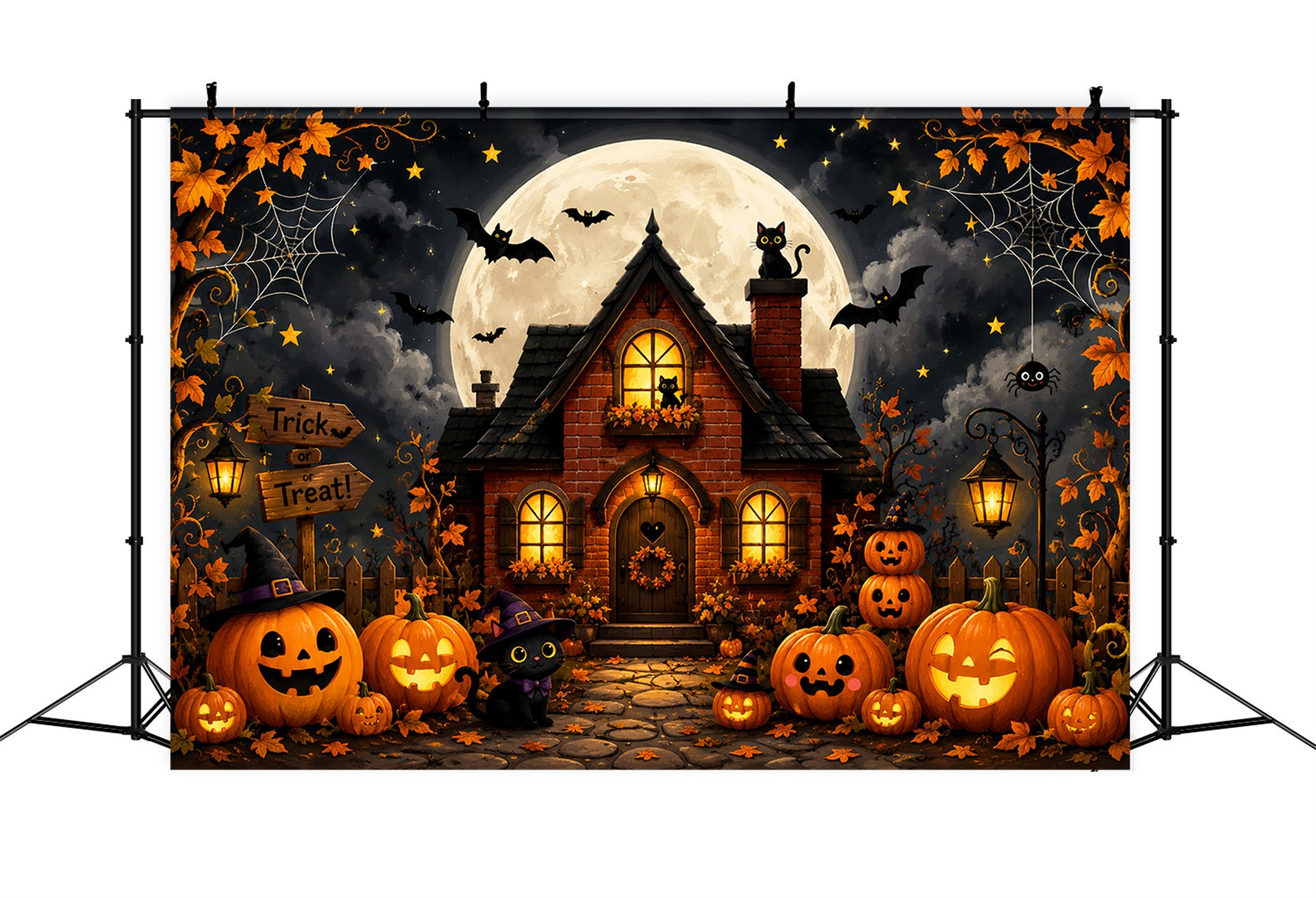 Outdoor Halloween Backdrop Cute Pumpkin Cat Cottage Spooky Halloween Backdrop UK LXX67-66