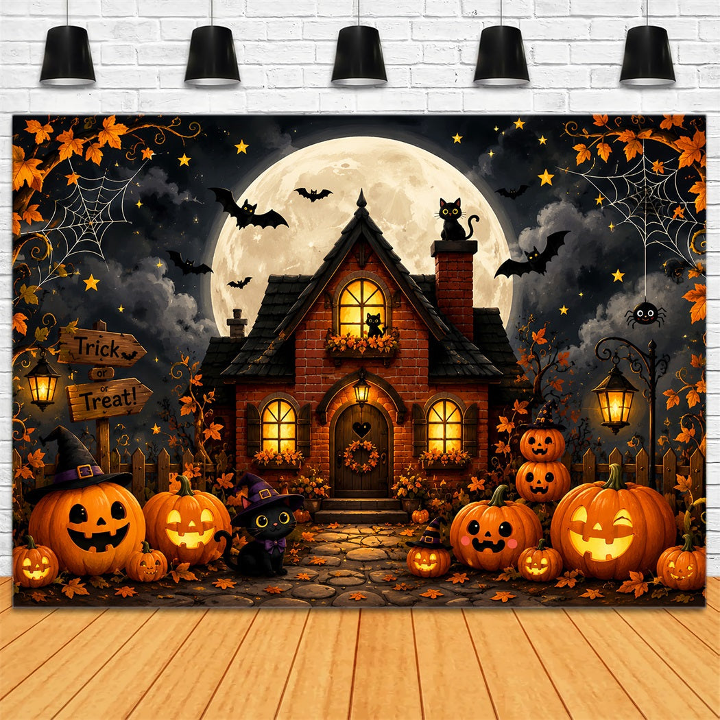 Outdoor Halloween Backdrop Cute Pumpkin Cat Cottage Spooky Halloween Backdrop UK LXX67-66
