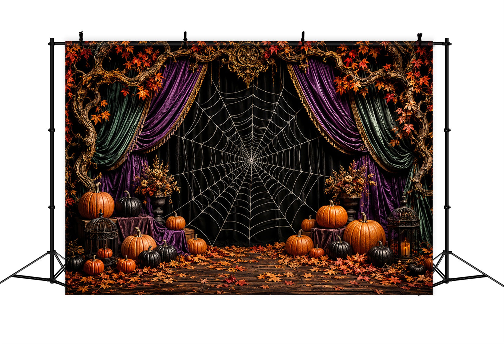 Halloween Backdrop Photo Spiderweb Velvet Pumpkin Stage Halloween Party Backdrop UK LXX67-67