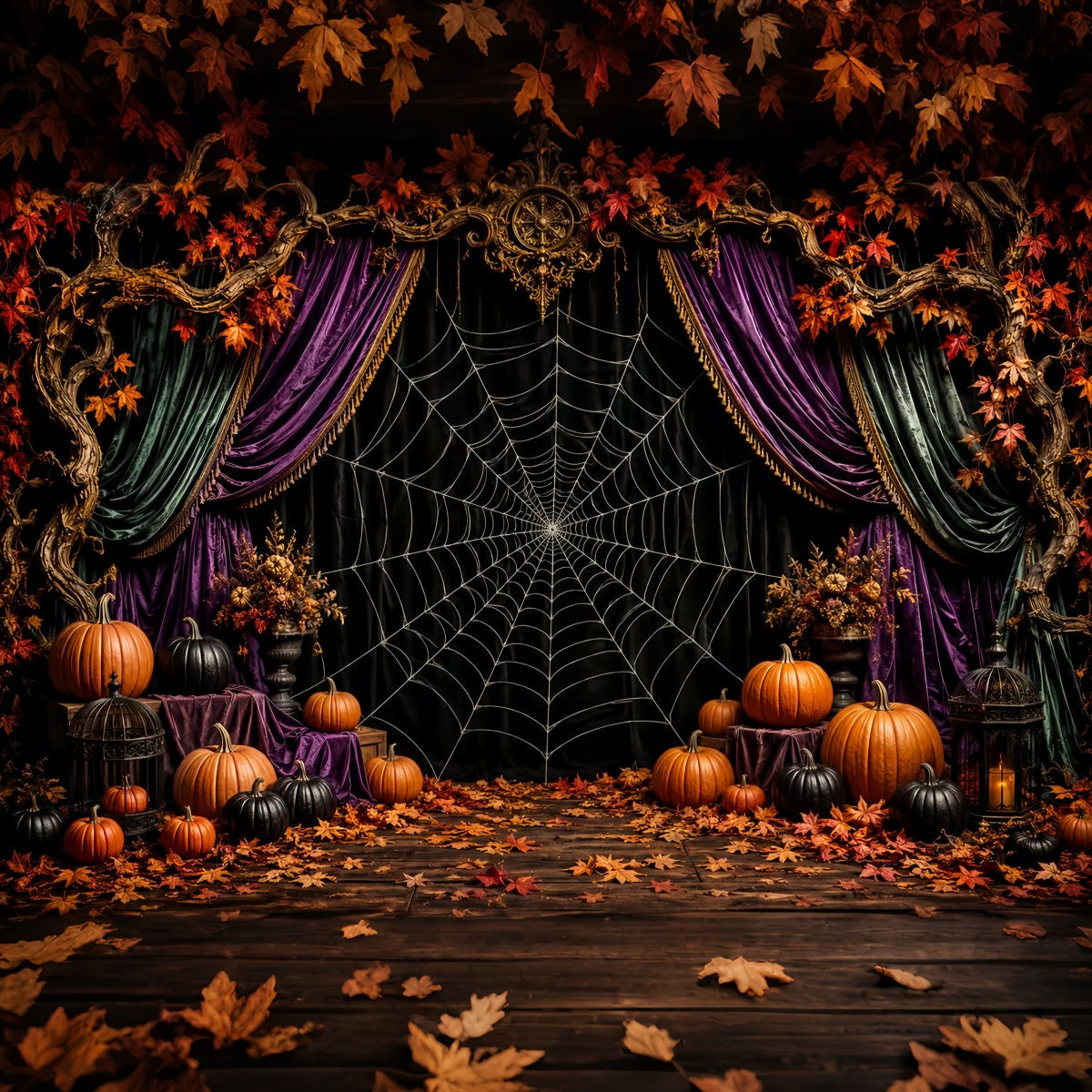 Halloween Backdrop Photo Spiderweb Velvet Pumpkin Stage Halloween Party Backdrop UK LXX67-67