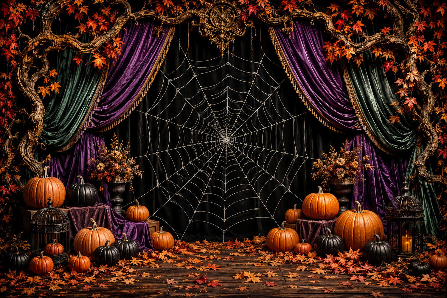 Halloween Backdrop Photo Spiderweb Velvet Pumpkin Stage Halloween Party Backdrop UK LXX67-67