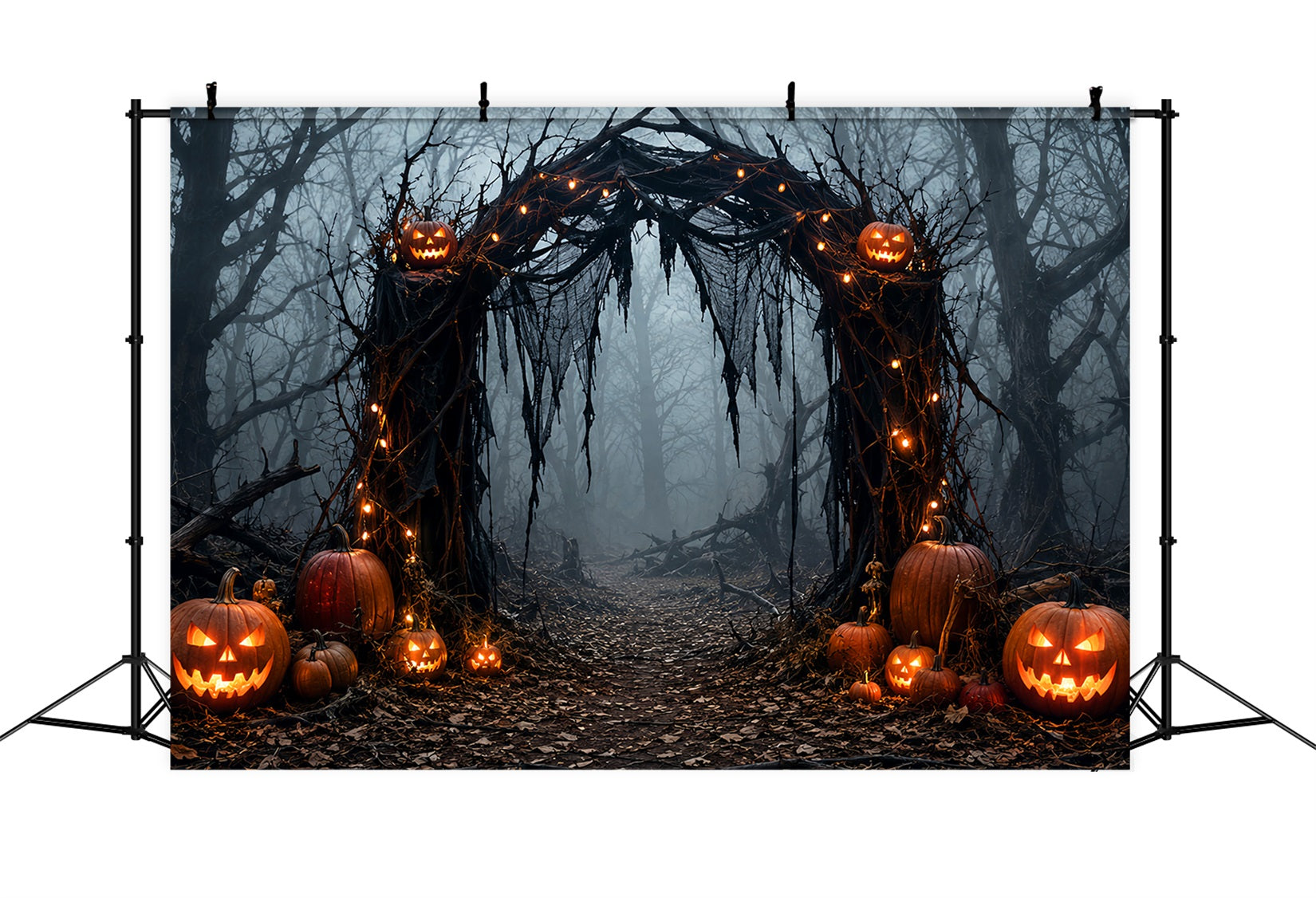 Halloween Outdoor Backdrop Foggy Pumpkin Forest Arch Halloween Backdrops For Photos UK LXX67-68