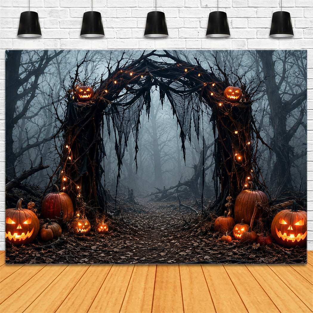 Halloween Outdoor Backdrop Foggy Pumpkin Forest Arch Halloween Backdrops For Photos UK LXX67-68