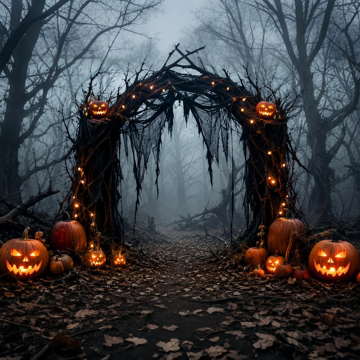 Halloween Outdoor Backdrop Foggy Pumpkin Forest Arch Halloween Backdrops For Photos UK LXX67-68