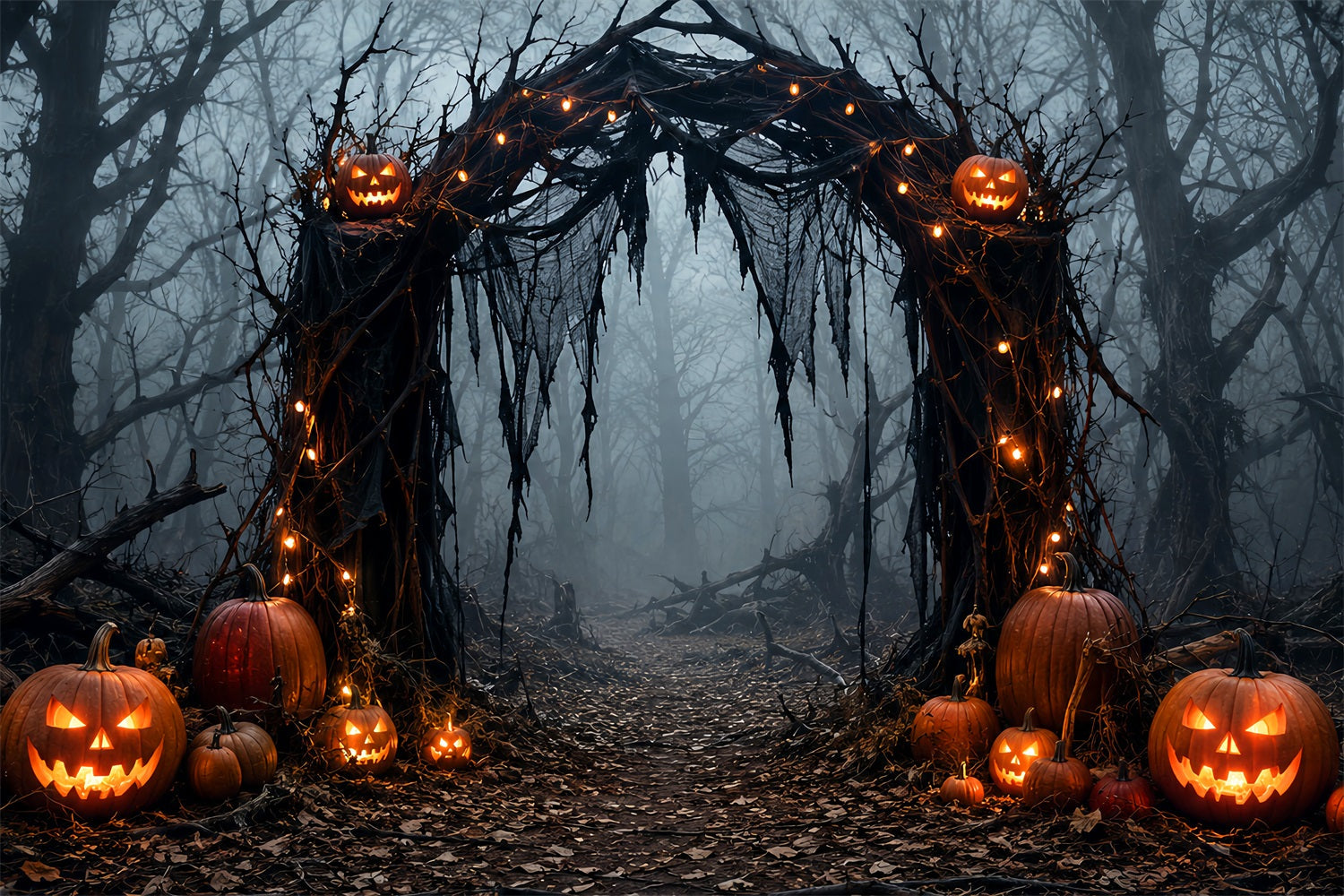 Halloween Outdoor Backdrop Foggy Pumpkin Forest Arch Halloween Backdrops For Photos UK LXX67-68
