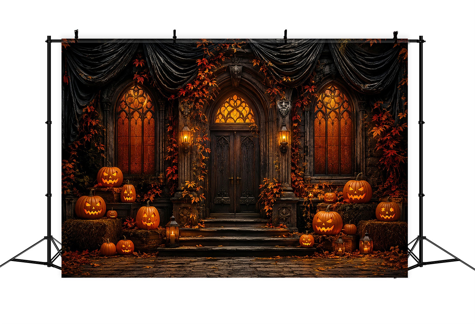 Cute Halloween Photo Backdrop Gothic Pumpkin Manor Door Backdrop Halloween UK LXX67-70