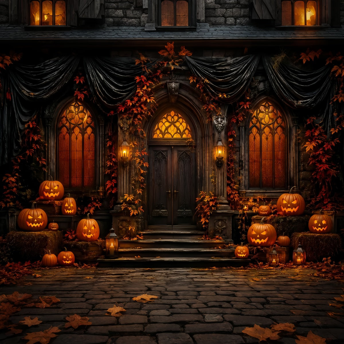 Cute Halloween Photo Backdrop Gothic Pumpkin Manor Door Backdrop Halloween UK LXX67-70