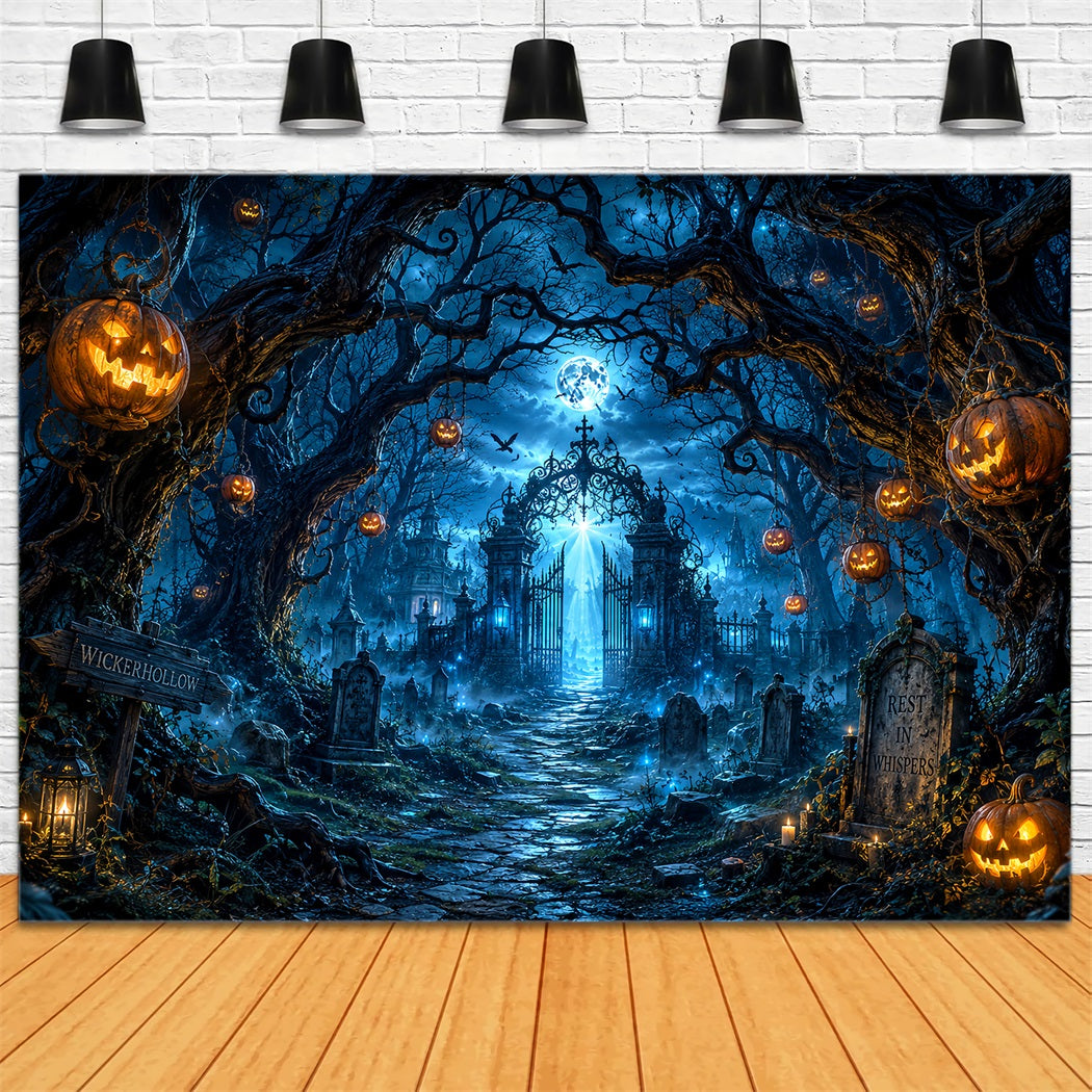 Custom Halloween Backdrop Moonlit Pumpkin Cemetery Gate Halloween Graveyard Backdrop UK LXX67-71